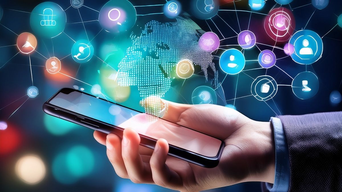 Hand holding a smartphone with social media icons and a digital globe floating above it